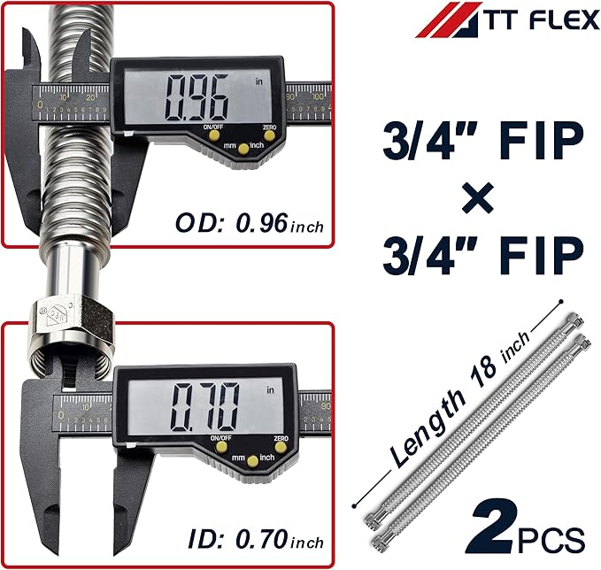 TT FLEX Stainless Steel Corrugated Water Heater Connector Flexible for Water Heater Water Softener,3/4" FIP x 3/4" FIP, 18" Length (2 Pack)