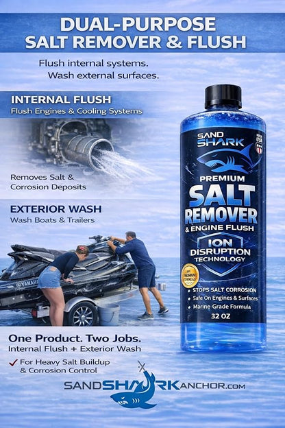 SandShark Premium 2-in-1 Salt Remover & Engine Flush Boat Cleaner – pH-Balanced Formula for Exterior Washing & Engine Flushing, Multi-Surface Marine & Powersports Cleaner, 32 oz
