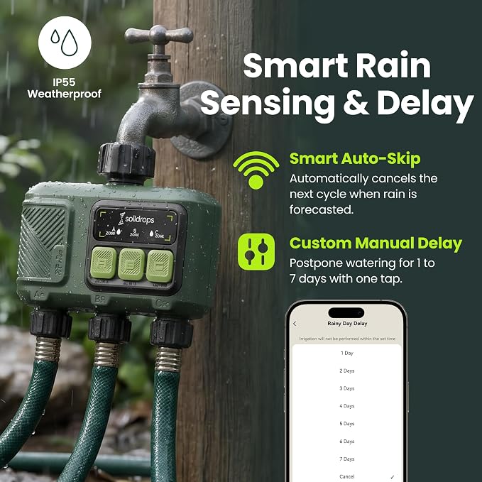 WiFi Water Timer Smart Irrigation Controller with Gateway | 984ft RF range, 8-month battery life, weather delay, OTA updates, AES-128 security, and supports up to 64 devices
