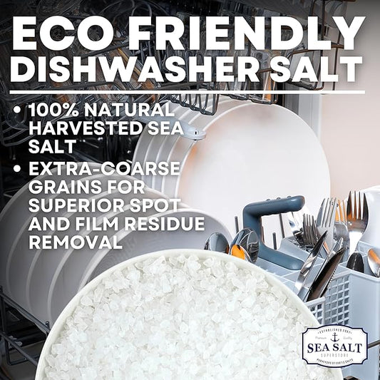 Dishwasher Salt, Natural Water Softener, Food Grade Coarse Sea Salt Compatible with Miele, Thermador, Whirlpool, & Bosch Dishwasher 5 lb Bag