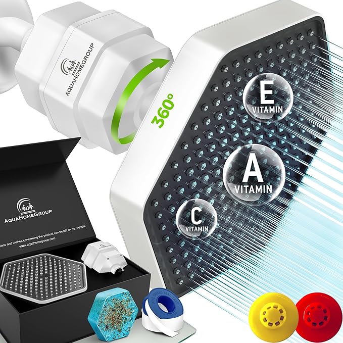 AquaHomeGroup Luxury Filtered Shower Head Set - 20 Stage Filter Reduces Chlorine, Heavy Metals and Sediment - Vitamin C E and A - White
