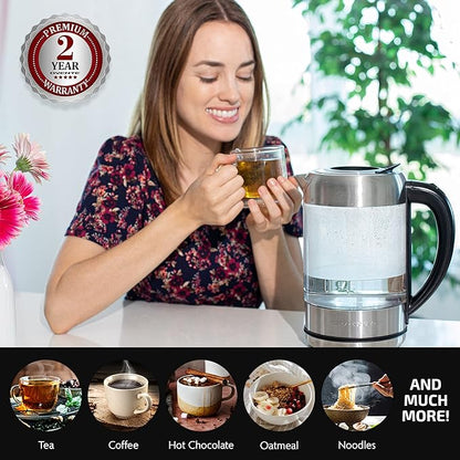 OVENTE Electric Kettle with 1.7L Borosilicate Glass, 1500W Instant Water Boiler and Heater for Coffee or Tea, BPA Free, Easy to Fill Lid, Auto Shut-Off and Boil Dry Protection, Silver KG6120S