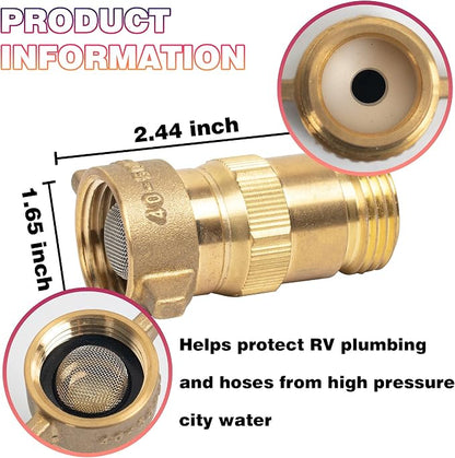 Hourleey Brass Hi-Flow Water Regulator, 2 Pieces RV Pressure Water Regulator with Filter Screen, for Campers, Travel Trailers, RV Plumbing System, 40-50 PSI, Set of 2