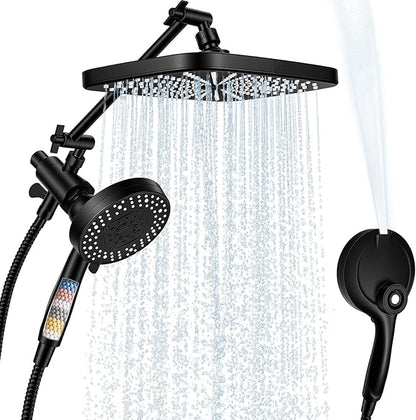 Black Shower Head with Handheld, Adjustable Rain Shower Head with Spray Combo, One-piece High Pressure Filtered Shower Head with Handheld, Built-in Magnetic Docking and Power Jets