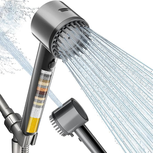 Cobbe Ion Drops Filtered Shower Head with Handheld, High Pressure 5 Spray Mode Showerhead with Filters, Built-in Power Wash for Hard Water - Remove Chlorine - Reduces Dry Itchy Skin, Gray