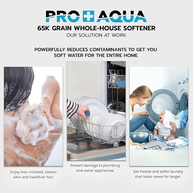 PRO+AQUA Heavy Duty Whole House Water Softener System – 65,000 Grain Capacity, Premium Long-Lasting Resin, 1" Ports