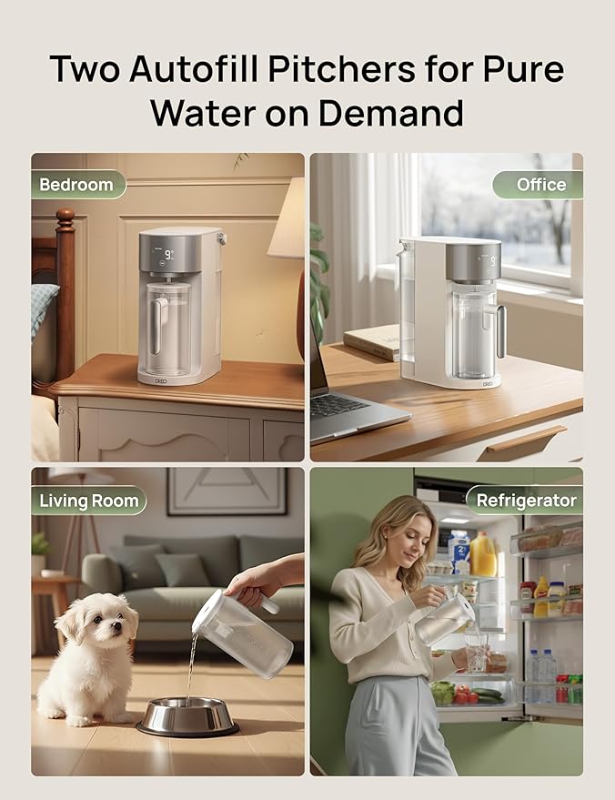 DREO Reverse Osmosis Autofill Water Pitcher, Replacement for DREO RO Water Filter 112 & 113 & 114 & 115, 1.1L Portable Water Pitchers with Smart Sensor for Pure Water, BPA-Free, White