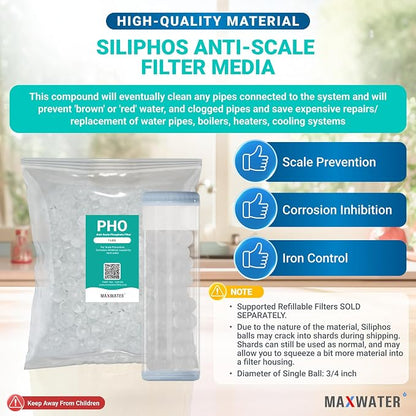 Max Water Anti-Scale Siliphos Crystals (1 LB), Slow-Dissolving Polyphosphate Beads, Anti-Scale Filter Media for Refillable Water Filters, Prevents Scale, Corrosion & Iron Stains