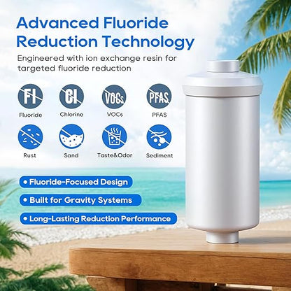 LCF Gravity-fed Water Filter System, 3 Gallons Stainless-Steel System with 6 Filters, Metal Water Level Spigot and Stand, Reduces Chlorine & Fluoride (Fluoride Filters)