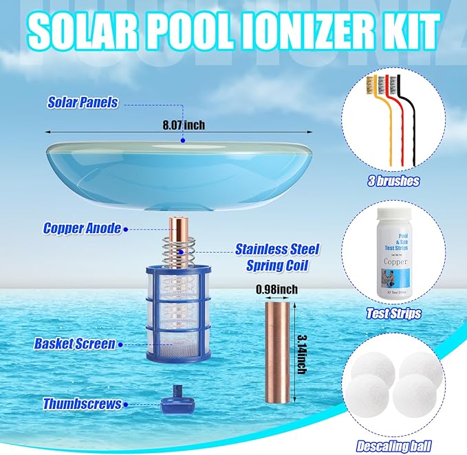 Solar Pool Ionizer Cleaner Self-Luminous Automatic Floating Water Purifier Copper Pool Ionizer with 4 Pcs Scum Eliminating Ball, up to 45, 000 Gallons for Above Ground In-ground Pools Spas