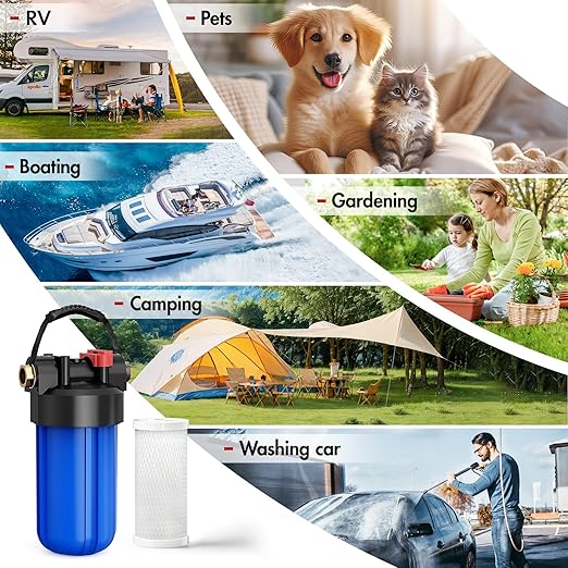 RV Water Filter System,Clog-Resistant Inline Water Filter with Brass Threads,0.2 Micron 6-Stage Filtration for RVs and Campers,4.5x10in.Cartridge,Filters VOCs,Chlorine, Sediments,Heavy Metals,Odors