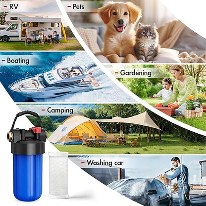RV Water Filter System,Clog-Resistant Inline Water Filter with Brass Threads,0.2 Micron 6-Stage Filtration for RVs and Campers,4.5x10in.Cartridge,Filters VOCs,Chlorine, Sediments,Heavy Metals,Odors