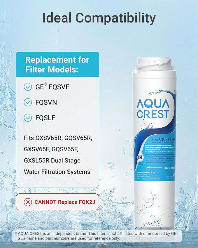 AQUA CREST FQSVF FQSVN Under Sink Water Filter, Replacement for GE FQSVF, FQSVN, FQSLF, NSF 53&42 Certified, Compatible with GE GXSV65R, Reduces Chlorine, Taste&Odor, Model No.AQU-FF23-VF, 2 Pack