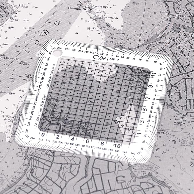 CYA MP-7 Square Military Map Coordinate Scale Protractor - 8x8cm UTM Tool | Square 8x8cm UTM map grid tool dividing 1km grids into 100m squares with 50m center dots. Includes degree compass rose.