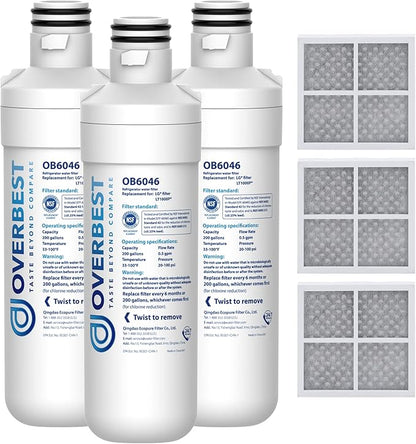Overbest LT1000PC ADQ747935 Refrigerator Water Filter and Air Filter, Replacement for LG® LT1000P®, ADQ74793501, ADQ74793502, Kenmore 469980, 9980 and LT120F®, 3 Combo