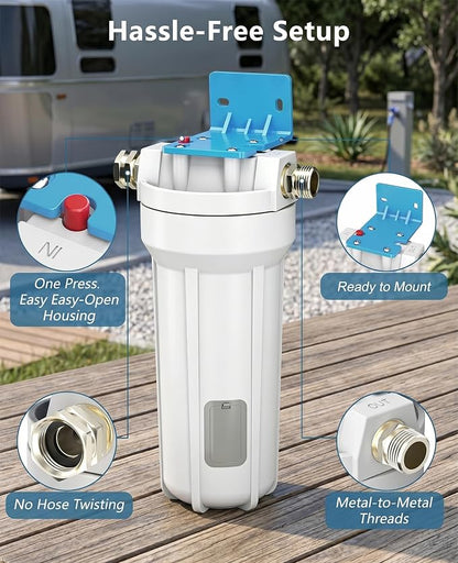 4-Layer Filtration RV Water Filter with Cartridge Inspection Window | Replaceable Filter, Anti-Tip Stand, Metal-to-Metal Threads, Removes Chlorine, PFAS, Heavy Metals, VOCs, Bad Taste, and Odor