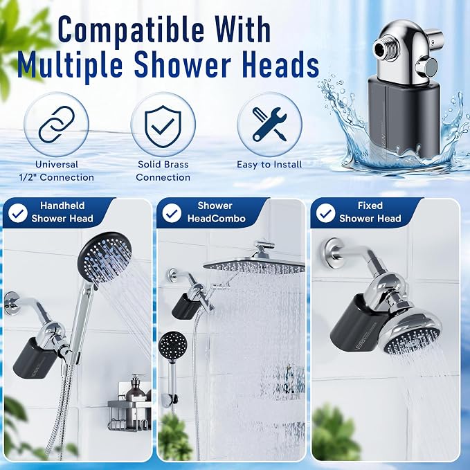 Veken Shower Filter to Reduce Chlorine, KDF Shower Head Filters with Activated Carbon and Calcium Sulfite for Filtered Shower Water, Filtro Para Ducha De Baño, Easy to Install, Black & Chrome