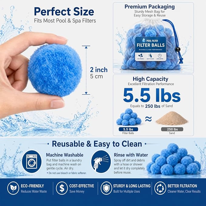 5.5 Lbs Pool Filter Balls for Sand Filter, Reusable Eco-Friendly Pool Sand Filter Balls (Equals 250 lbs Pool Filter Sand) with Wash Bag, Blue Pool Filter Media Balls for Swimming Pool