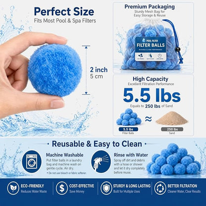 5.5 Lbs Pool Filter Balls for Sand Filter, Reusable Eco-Friendly Pool Sand Filter Balls (Equals 250 lbs Pool Filter Sand) with Wash Bag, Blue Pool Filter Media Balls for Swimming Pool