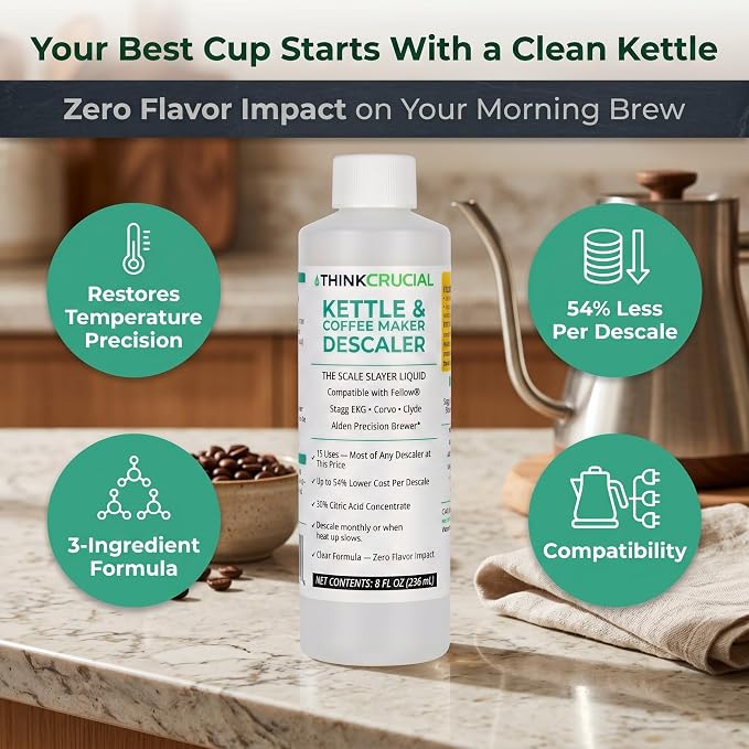 Think Crucial Kettle & Coffee Maker Descaler, 15 Uses, Best Value Per Descale — Compatible with Fellow, Stagg EKG, Corvo, Clyde, Aiden Brewer — Unscented Clear Liquid — 8 fl oz
