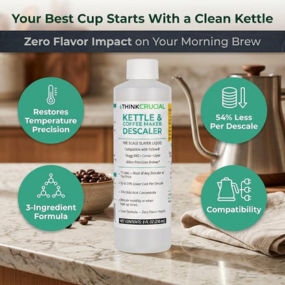 Think Crucial Kettle & Coffee Maker Descaler, 15 Uses, Best Value Per Descale — Compatible with Fellow, Stagg EKG, Corvo, Clyde, Aiden Brewer — Unscented Clear Liquid — 8 fl oz