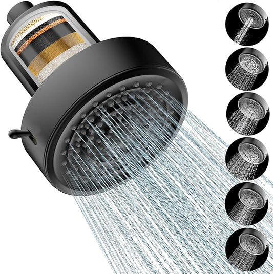 Filtered Shower head for Healthier Hair & Skin – Removes Chlorine & Heavy Metals,High Pressure 6 Mode Settings Shower Head Filter for Hard Water (Matte Balck)