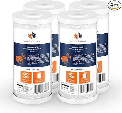 Aquaboon 5 Micron 10x4.5 Carbon Block Water Filters Whole House CTO Water Filter Replacement Cartridge Compatible with FXHTC, CB-BB-10, EP-BB, 4-Pack
