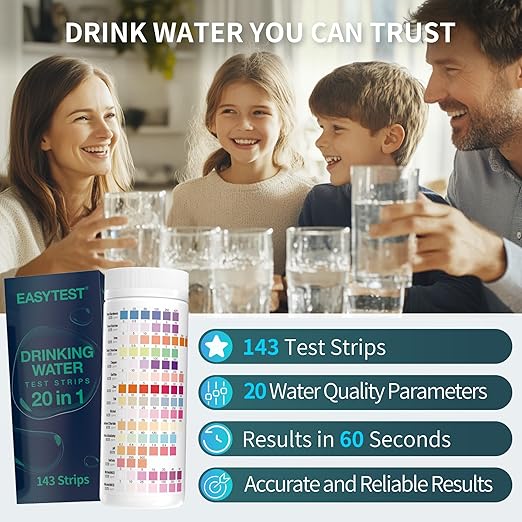 EASYTEST 20 in 1 Drinking Water Test Kit - Well Water Testing Kit - Water Test Strip for House Water for pH, Hardness, Chlorine, Lead, Iron, Bacteria & More