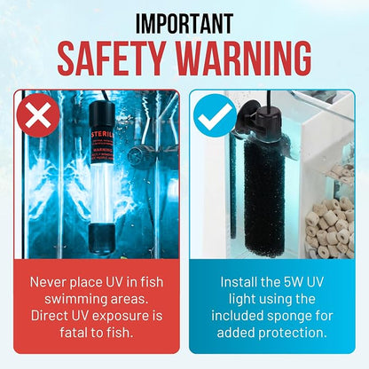 Aquarium UV-C Light 5W – Submersible UV Clarifier for Freshwater & Saltwater Tanks, Sumps & Small Ponds – Clears Green Water Fast – 9.8 ft Power Cord – Filter Sponge & 2 Suction Cups Included!