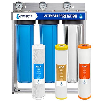 Express Water 3-Stage Whole House Water Filter System, Reduces Scale, Heavy Metals, PFAs, Lead, Arsenic, Chlorine & Chloramine, Includes Free-Standing Stainless Steel Frame & 3 Pressure Gauges