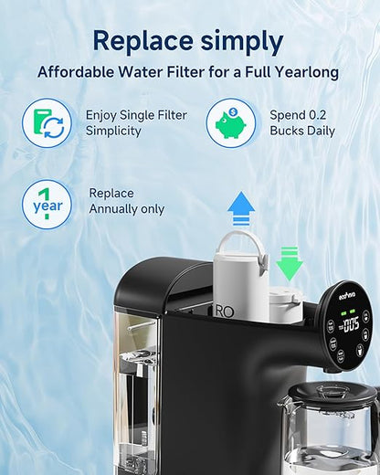 Ecoviva Countertop Reverse Osmosis Water Filter, 6 Stage RO Water Filtration System with 44 oz Glass Carafe, No Installation Water Purifier, 3:1 Pure to Drain, Black