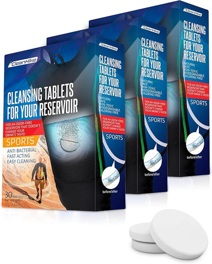 CleanHike Hydration Backpack Cleaning Tablets - (90 Tablets) Great for Reservoir Pack or Hydration Bladder, Individually Packed, Quickly Removes Stubborn Stains & Odors (3)