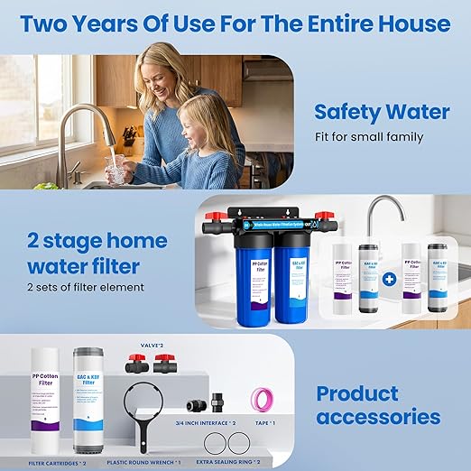 Whole House Water Filter System, 2-Stage Home Water Filtration with GAC & KDF, 3/4" Ports & 2 Valves, Reduces Chlorine Odor, Heavy Metals & Taste, Includes Extra 2 Replacement Filter Sets for Home Use