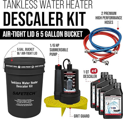 Safetech Tankless Water Heater Flushing Kit with 5-Gallon Screw-Top Lid, Premium Hoses, 1/6 HP Utility Pump, 4 Quarts Descaler, and Pump Grate