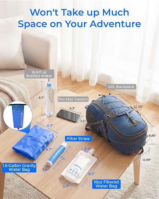 Waterdrop Gravity Water Filter Straw, Camping Water Filter, 0.1 Micron | Survival Water Purifier for Hiking, Backpacking & Emergency Preparedness, Multi-Stage Filter with 1.5 Gallon Bag, 2 Pack