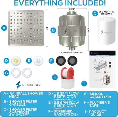 SparkPod Luxury Filtered Shower Head Set 23 Stage Shower Filter - Reduces Chlorine and Heavy Metals - High Pressure Showerhead Filter (8" Square, Elegant Brushed Nickel)
