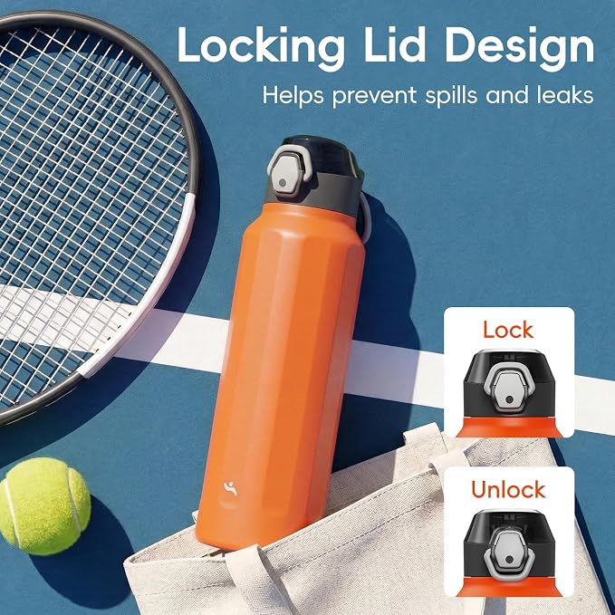 Konokyo FLOWPLAY 40oz Locking Push-Button Water Bottle with Silicone Spout,Leak-Proof,18/8 Stainless Steel Double-Wall Vacuum Insulated for Sports and Travel,BPA-Free,Orange