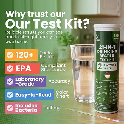 21-in-1 Drinking Water Test Kit – 120 Strips + 2 Bacteria Tests – Easy DIY Testing for Tap, Well & Spring Water – Tests Lead, Fluoride, Iron, Hardness, pH, Chlorine, Copper, Bacteria & More