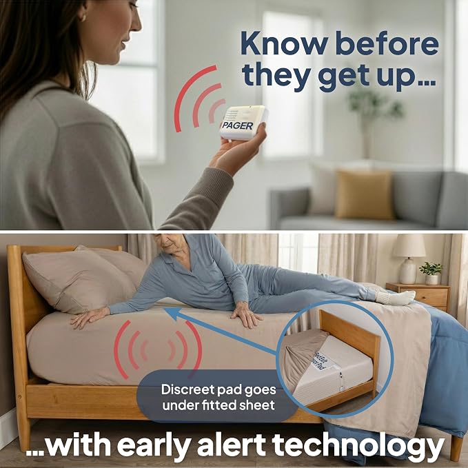 Smart Caregiver Bed Exit Alarm with Wireless Pager - Early Alert Fall Prevention for Seniors and Elderly - Weight Sensing Bed Pad Alerts Caregiver When They Get Up - USA Company and Customer Service