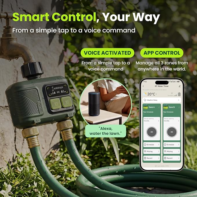 WiFi Water Timer Smart Irrigation Controller with Gateway | 984ft RF range, 8-month battery life, weather delay, OTA updates, AES-128 security, and supports up to 64 devices