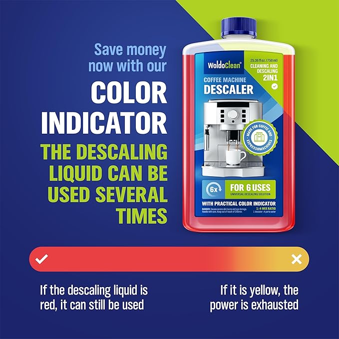 WoldoClean Descaling Solution for Coffee & Espresso Machines 25.6 Fl Oz - compatible with Keurig, Nespresso, Breville, Ninja, Nespresso, Delonghi, Reusable Formula with Color Indicator