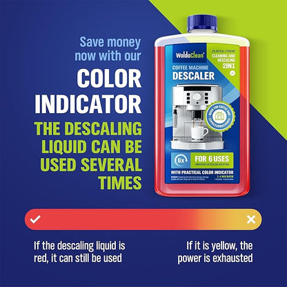 WoldoClean Descaling Solution for Coffee & Espresso Machines 25.6 Fl Oz - compatible with Keurig, Nespresso, Breville, Ninja, Nespresso, Delonghi, Reusable Formula with Color Indicator