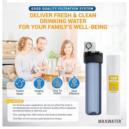20" 1 Stage Whole House Water Filter System 1" Ports Double O Ring Clear Filter Housing + Gauge w/ 5-Micron Polypropylene Sediment Water Filter Good for RV (1 Stage Sediment 5 Micron)