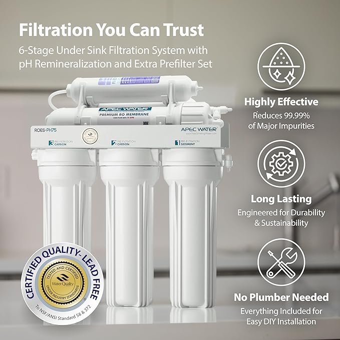 APEC Water Systems ROES-PH75 Essence Series Alkaline Mineral pH+ 75 GPD 6-Stage WQA Certified Ultra Safe Reverse Osmosis Drinking Water Filter System, with Extra High Capacity Pre-Filter Set Stage 1-3