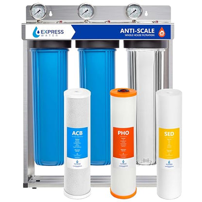 Express Water Whole House Water Filter System, Anti-Scale 3 Stage Home Purifier Prevents Scale Build-Up, Protects Pipes, Appliances with Polyphosphate Filter, Stainless Steel Frame & Pressure Gauges
