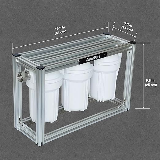 S3 Mini External 3-Stage RV Fresh Water Filter System, Compact, 5 Inch Filters, 3/4" GHT Stainless Steel Fittings, Reduce Sediment, Chlorine, Odor, All Aluminium Free-Standing Chassis, Silver
