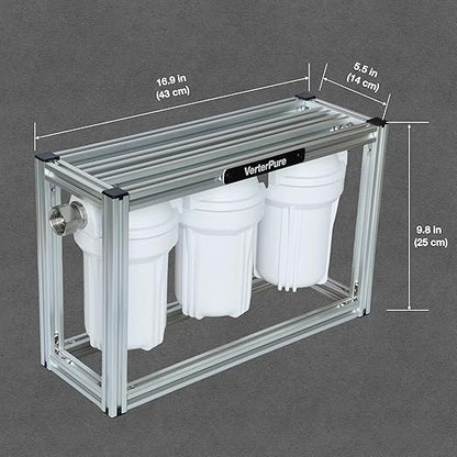 S3 Mini External 3-Stage RV Fresh Water Filter System, Compact, 5 Inch Filters, 3/4" GHT Stainless Steel Fittings, Reduce Sediment, Chlorine, Odor, All Aluminium Free-Standing Chassis, Silver