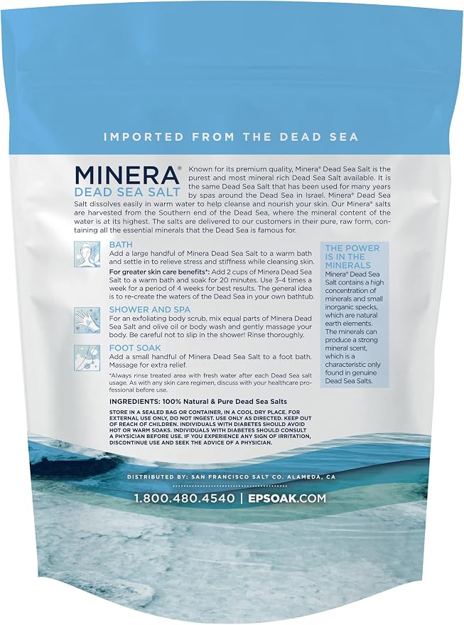 Minera Dead Sea Salt, 100% Pure & Natural, 10 lbs. Fine Grain (0-1.7 mm) Bulk Bag, Easily Dissolving Dead Sea Salts for Soaking & Bathing, Skin Nourishing Fine Sea Salt, Unscented