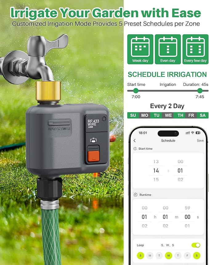 WiFi Sprinkler Timer 1 Zone with 984 Feet RF Gateway, 2 Pack Dark Gray-Brass Inlet Smart Water Timer for Garden Hose with Rain Delay/Manual/Automatic,WiFi Water Timers for Garden