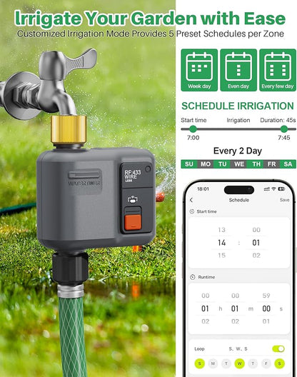 WiFi Sprinkler Timer 1 Zone with 984 Feet RF Gateway, 2 Pack Dark Gray-Brass Inlet Smart Water Timer for Garden Hose with Rain Delay/Manual/Automatic,WiFi Water Timers for Garden